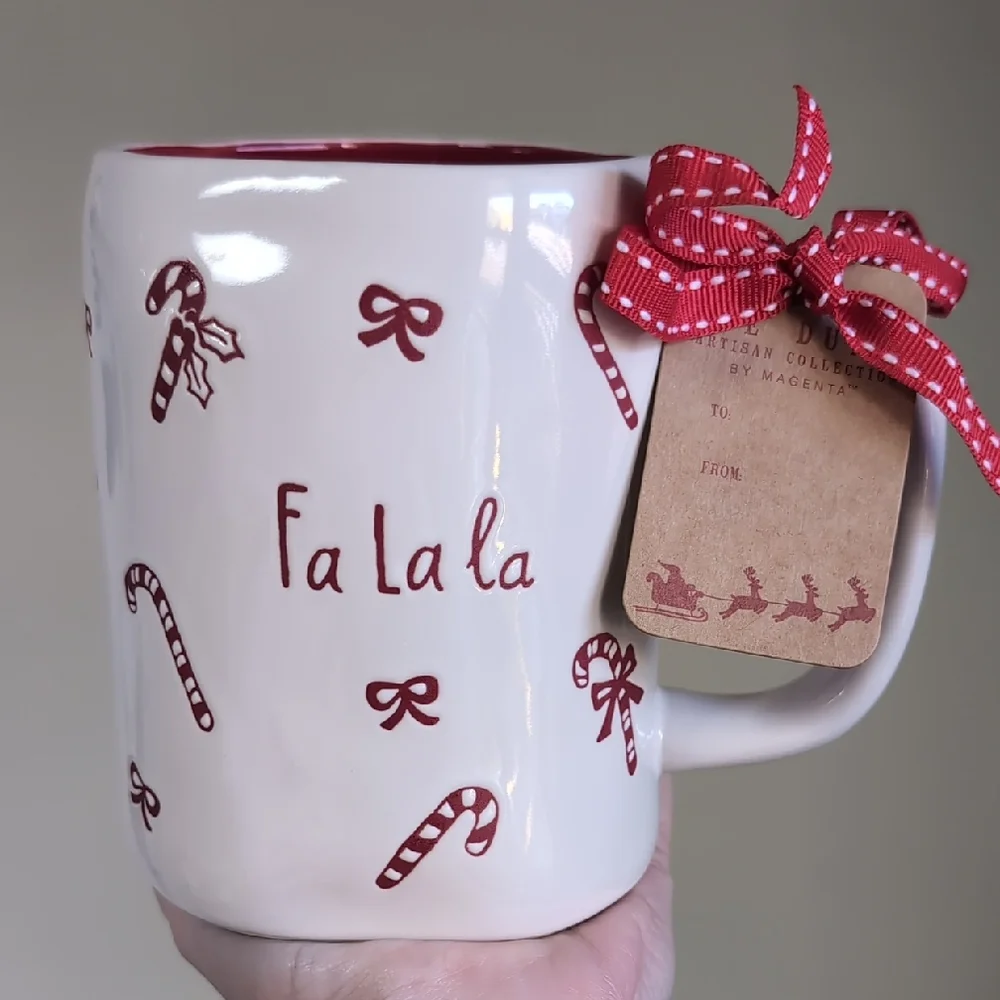 โSOLDโRae Dunn FA LA LA Christmas Mug with Candy Cane and Bow Design ๐ - Picture 1 of 5